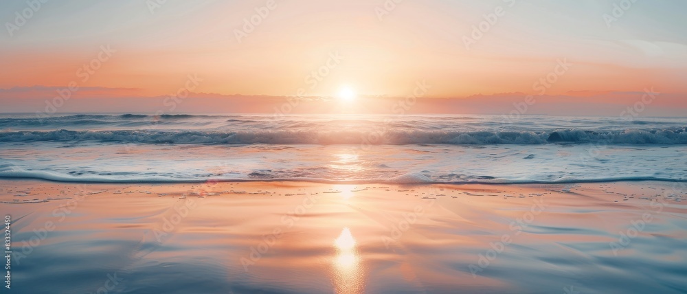 Peaceful ocean waves crashing on the shore at sunrise.