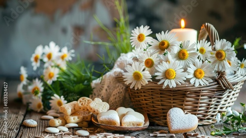 A display of white daisies with a heart ornament a basket of treats and a candle on a wooden surface