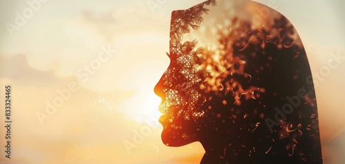 Silhouette of a muslim woman facing the sunset, covered in leaves. photo