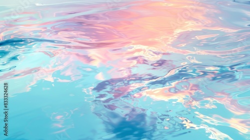 Reflections on a still water surface, blending sky and water with fluid, mirrored shapes in a symphony of blues, whites, and soft sunset colors, ai generated
