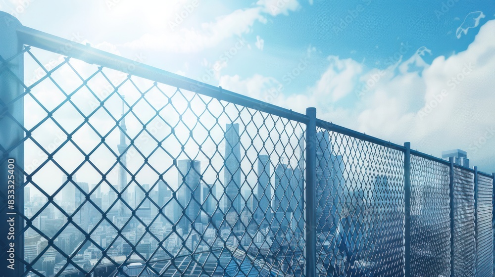 A New beautiful chain-link fence around the modern city in day time A New beautiful chain-link fence around the modern city in day time