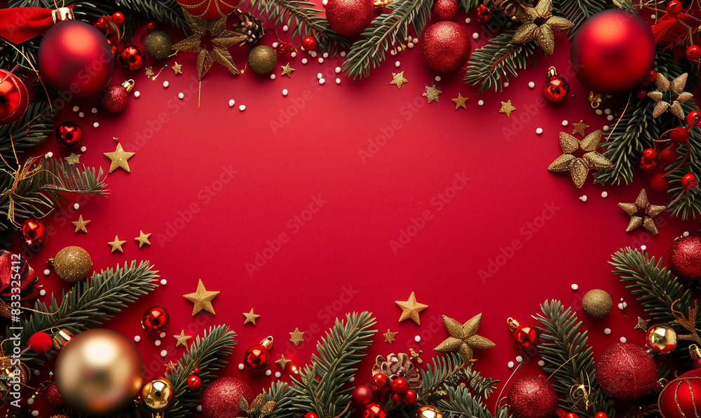Gift boxes and Christmas decorations on red background, flat lay. Space for text Gift boxes and Christmas decorations on red background, flat lay. Space for text