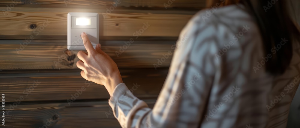 Close up of a woman switching off a light on a grey switch