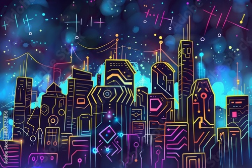 Cartoon cute doodles of a futuristic city skyline with glowing circuit buildings, Generative AI