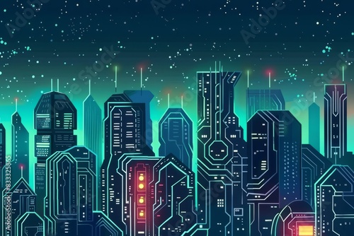 Cartoon cute doodles of a futuristic city skyline with glowing circuit buildings, Generative AI