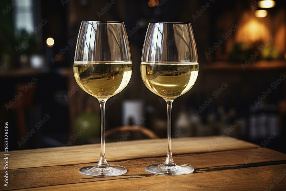 Transparent Two glasses white wine on wooden table. Drink glass at sunny view light. Generate Ai