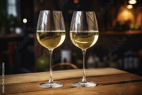Transparent Two glasses white wine on wooden table. Drink glass at sunny view light. Generate Ai