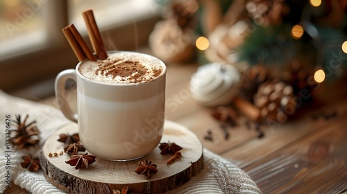 a chai latte with cinnamon sticks, centered with sharp detail and a cozy backdrop. 