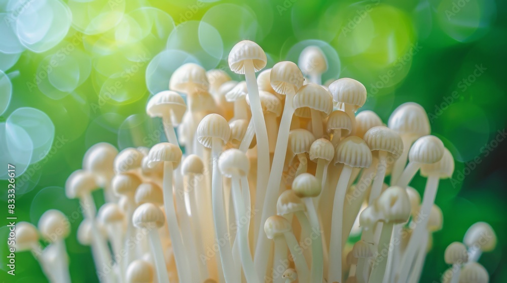 Real Photography of Enoki Mushrooms with Green Background Real Photography of Enoki Mushrooms with Green Background