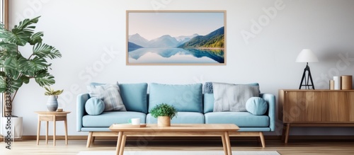 Home interior mock-up with blue sofa 