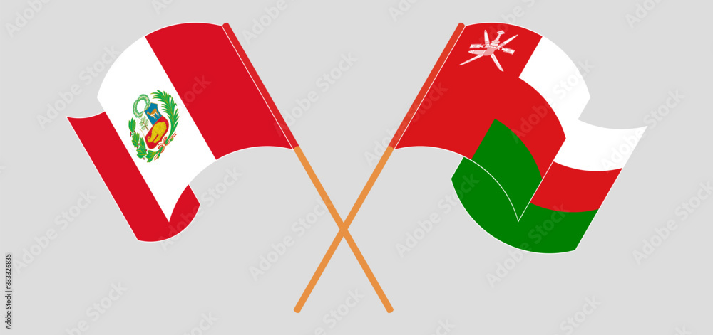 Crossed and waving flags of Peru and Oman Crossed and waving flags of Peru and Oman