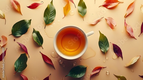 Top virew of  a cup of herbal tea with floating leaves photo