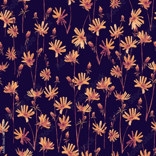 Cute floral seamless pattern of watercolor yellow coral wildflowers. Chicory sprigs on a black background drawn by hand