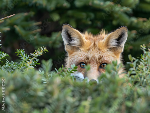 Fox cautiously peers from behind a bush, ears perked, eyes wide with curiosity and wonder.