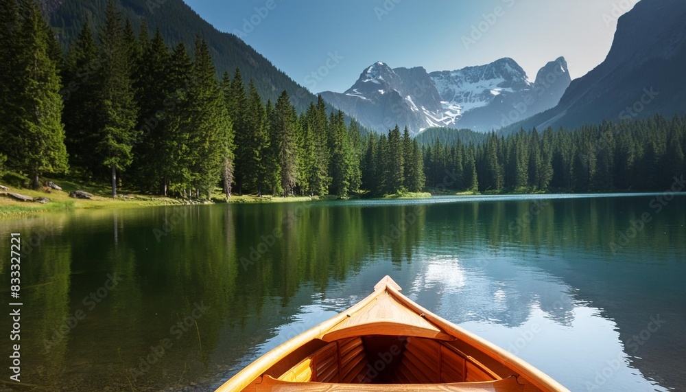Canoeing on a forest lake in the mountains Canoeing on a forest lake in the mountains