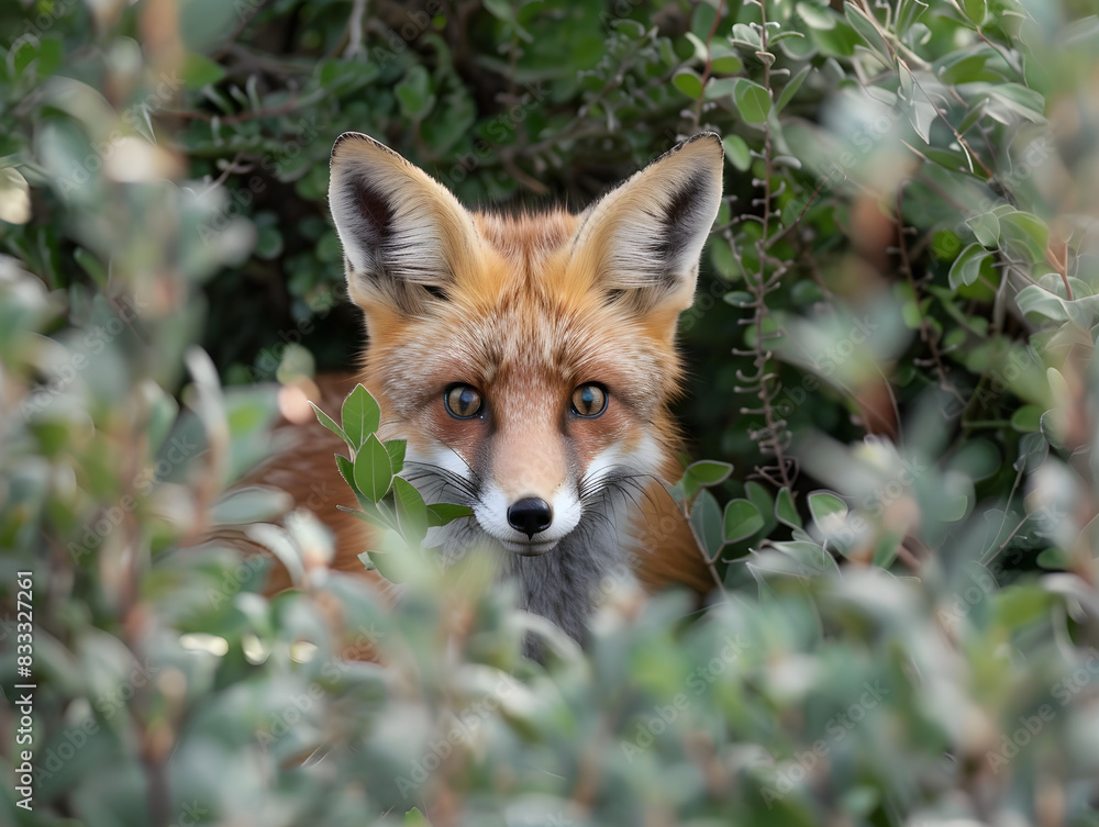 Fox with a bushy tail peeks shyly from behind green foliage, ears alert and curious. Fox with a bushy tail peeks shyly from behind green foliage, ears alert and curious.