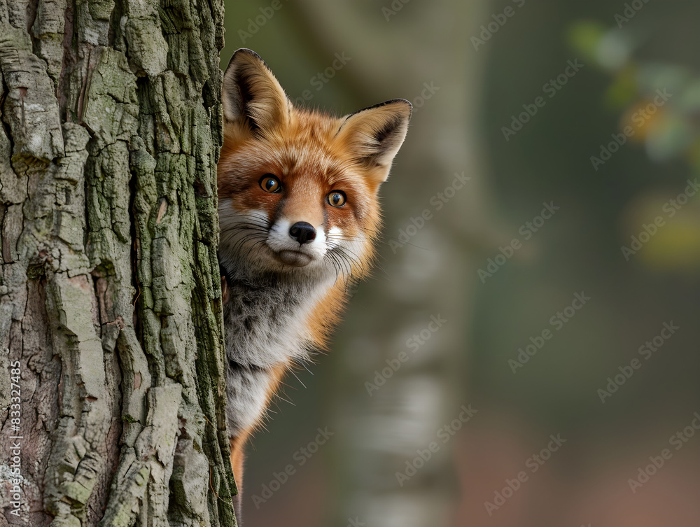 Obraz premium A fox with bright eyes stares out from behind a tree, blending into the shadows.