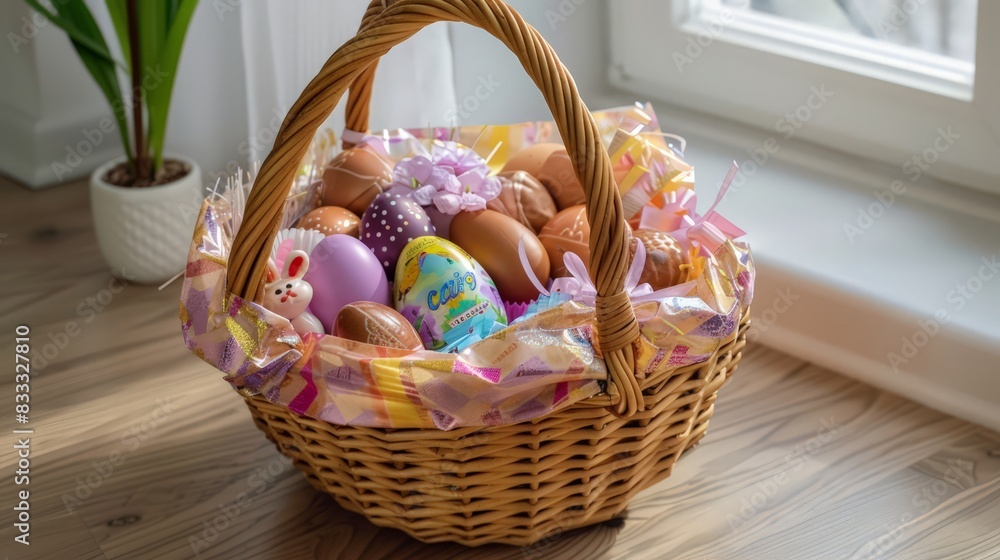 The excitement of discovering a large, beautifully wrapped Easter basket filled with chocolates, toys, and goodies. The excitement of discovering a large, beautifully wrapped Easter basket filled with chocolates, toys, and goodies.