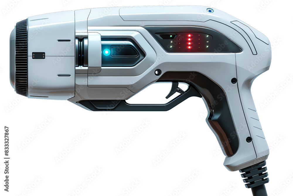 High-tech futuristic laser gun. Sci-fi weapon with advanced design and glowing lights. Ideal for gaming, films, and creative projects. High-tech futuristic laser gun. Sci-fi weapon with advanced design and glowing lights. Ideal for gaming, films, and creative projects.