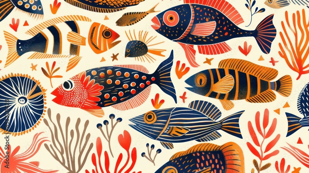 Naklejka premium Bold and colorful graphic pattern with various fish species and coral details --ar 16:9 Job ID: bdbf1391-47ad-4b50-ab04-59f6f6ea6fd9