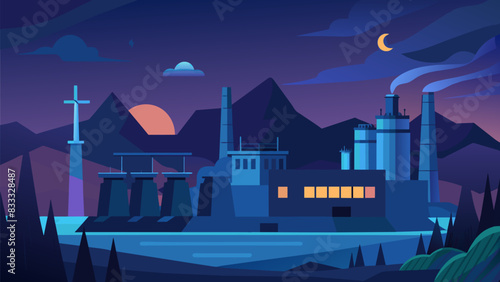 As night falls the natural gas power plant comes to life its turbines glowing and illuminating the surrounding area.. Vector illustration
