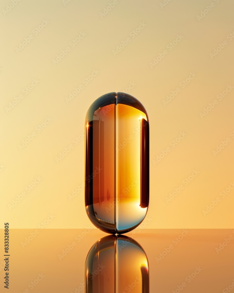 The focal point of the vitamin E capsule is placed on a shiny surface to create a reflection. The focal point of the vitamin E capsule is placed on a shiny surface to create a reflection.