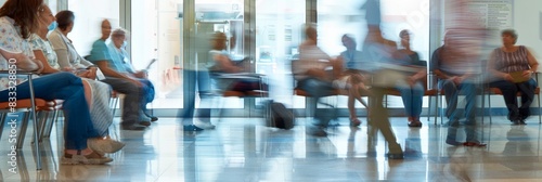 Group of patients and visitors sitting in chairs in a hospital waiting area with varied expressions