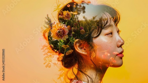 Digital Dreamscape of a Young Asian Woman Fashion Portrait Meets Floral Collage