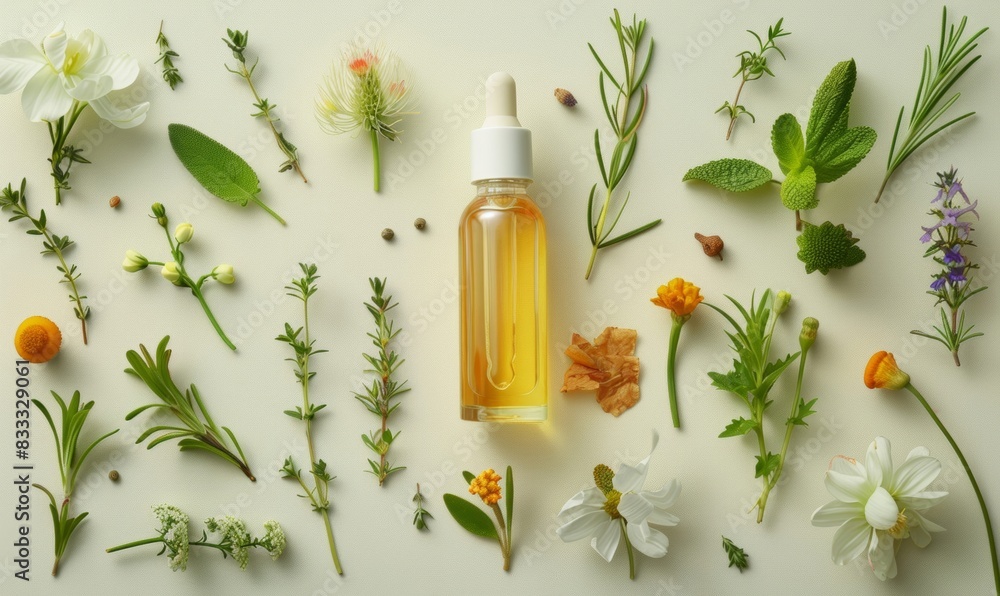 Bottle of Vitamin E oil surrounded by various herbs and fresh flowers. Bottle of Vitamin E oil surrounded by various herbs and fresh flowers.
