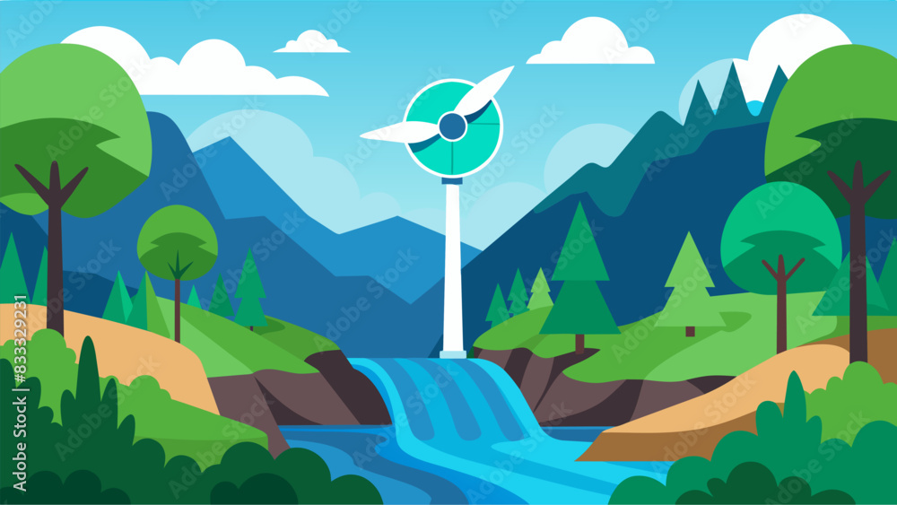 Deep in a lush forest a turbine spins silently taking advantage of a nearby stream to produce electricity without disrupting the serene natural. Vector illustration Deep in a lush forest a turbine spins silently taking advantage of a nearby stream to produce electricity without disrupting the serene natural. Vector illustration