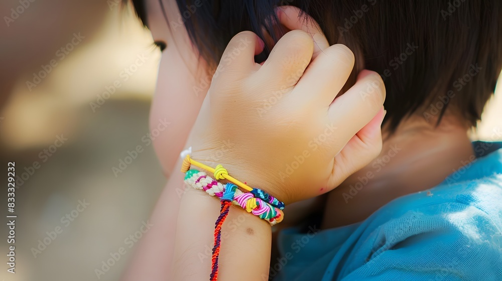 Naklejka premium Close-up of a young child wearing colorful friendship bracelets, embracing a moment of childhood innocence and simplicity.