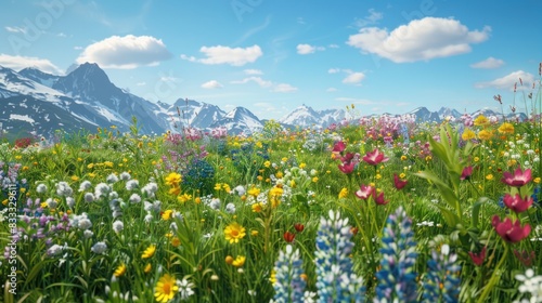 Image of a lush green meadow filled with blooming wildflowers under a clear blue sky --ar 16:9 Job ID: a233ca45-d778-414a-9ebf-dd808a4cd06c