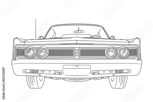 Vintage american muscle car from the 1960s low angle frontal view line art vector illustration photo