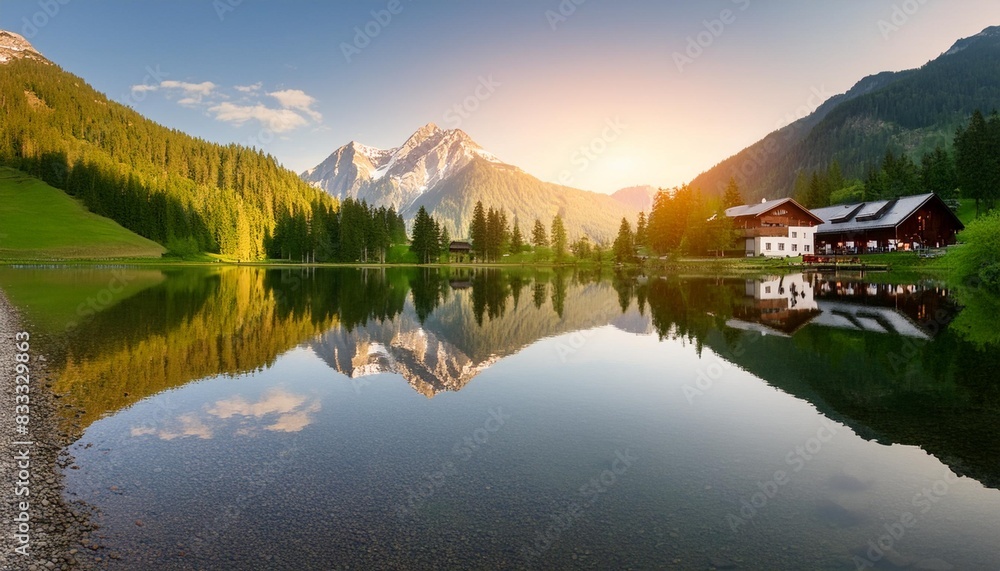 Sunset at a calm mountain lake in Austria with mirror-like reflection Sunset at a calm mountain lake in Austria with mirror-like reflection