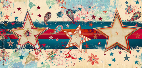 Memorial Day banner in bohemian chic style with paisley stars and boho stripes. photo