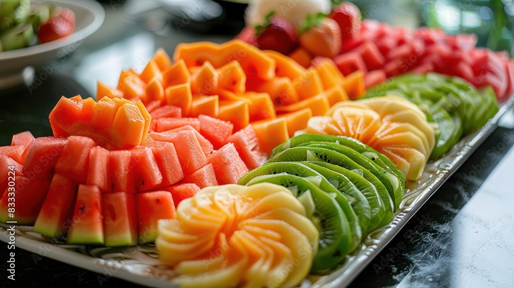 a colorful platter of Thai fruit carving showcasing watermelon and papaya a colorful platter of Thai fruit carving showcasing watermelon and papaya