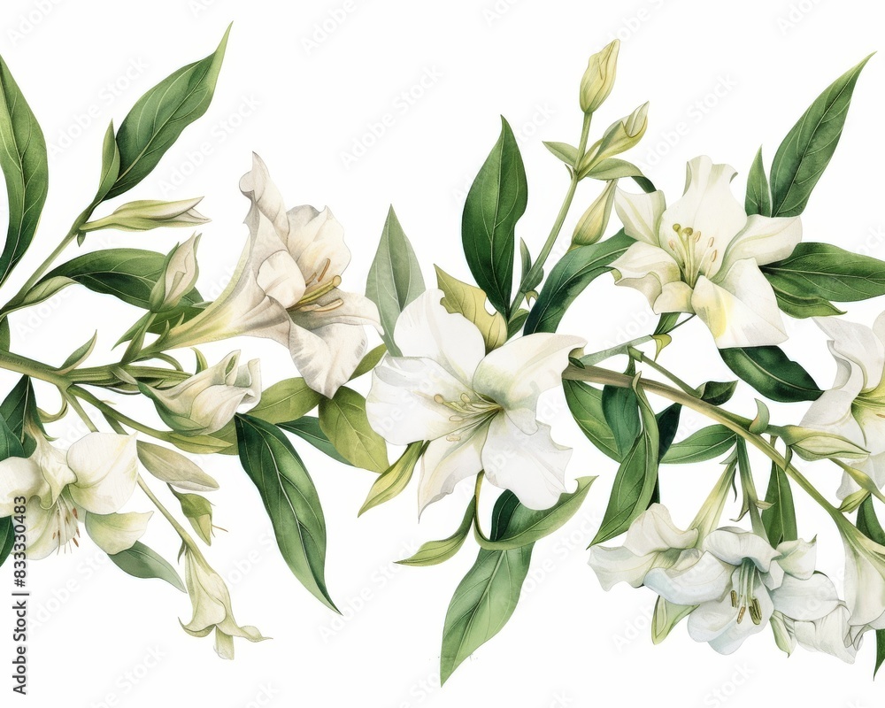 White jasmine flowers with green leaves seamless pattern. Floral background.