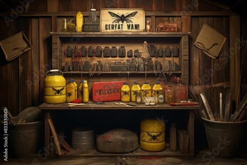 Wooden cabinet in a barn filled with various pest control tools architecture ammunition toolshed. photo