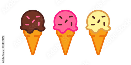 Logo ice cream. Grupo de bola de helado en cono de waffle sabores fresa, chocolate y vainilla