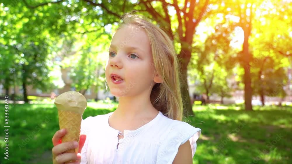 Little kid girl closeup portrait face eating licking ice cream. Happy child eating delicious ice cream outdoor. Little kid girl closeup portrait face eating licking ice cream. Happy child eating delicious ice cream outdoor.