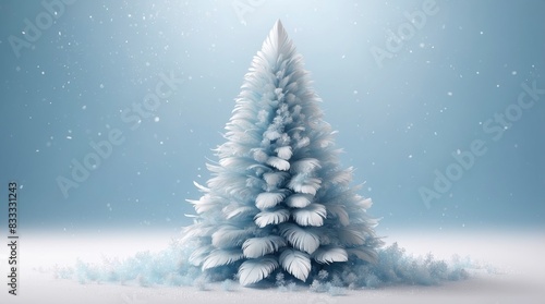 Beautiful feather Christmas tree on icy blue-white background  snowfall. Artistic holiday template for text