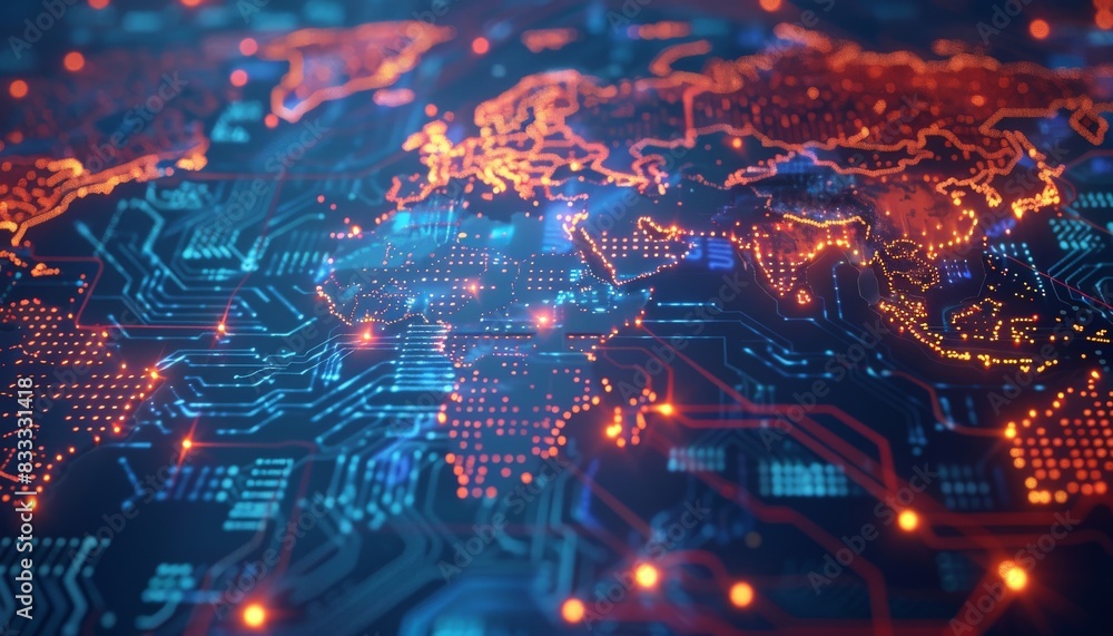 Abstract technology background with a world map. Glowing particles form a circuit board pattern. Abstract technology background with a world map. Glowing particles form a circuit board pattern.