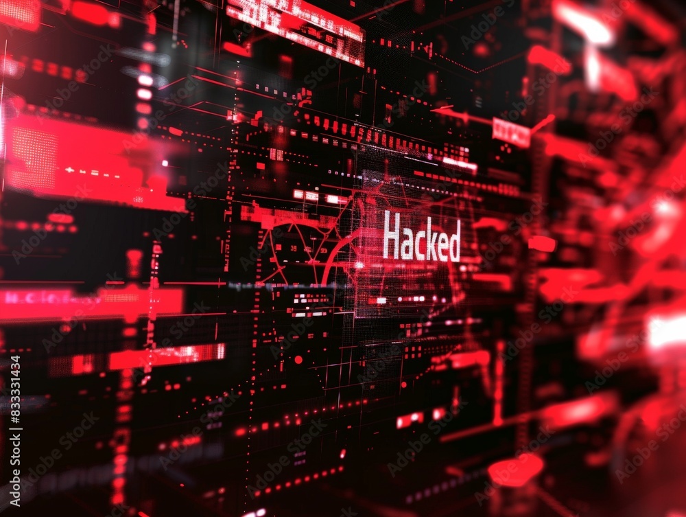 Abstract technology background. Red circuit board. The word hacked Abstract technology background. Red circuit board. The word hacked