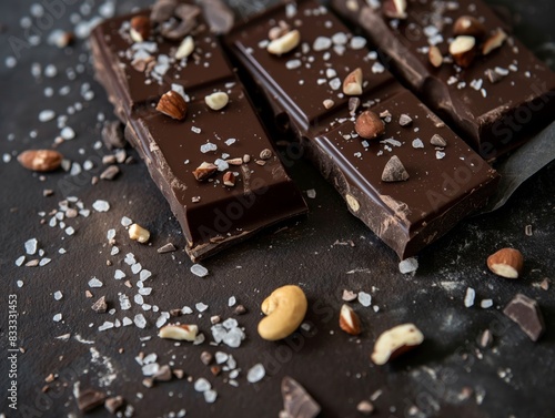 Close-up of dark chocolate bars topped with nuts and sea salt on a dark surface, surrounded by scattered nuts and salt