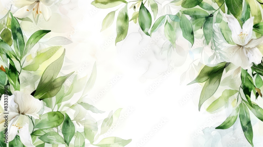 Background image with white flowers and green leaves. Background image with white flowers and green leaves.
