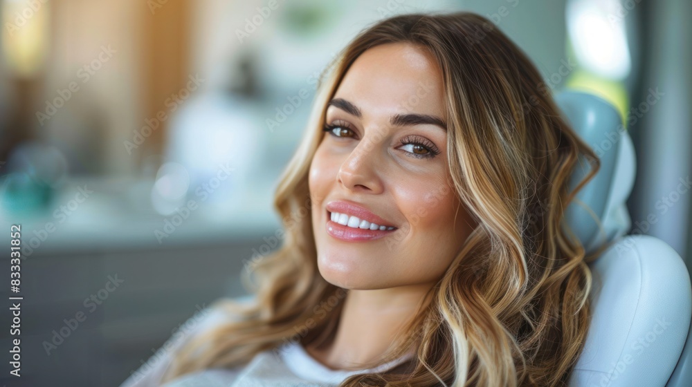 Woman sitting in dental chair looks at professional doctor stomatologist fixing her teeth Woman sitting in dental chair looks at professional doctor stomatologist fixing her teeth