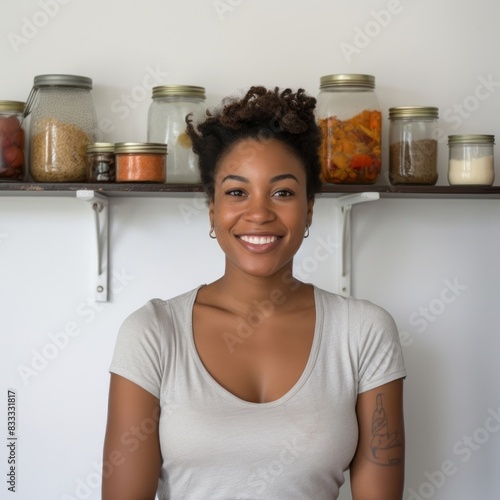 A happy affrican woman standing in the kitchen portrait shelf smile. photo