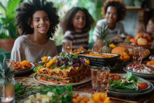 A family gathering around a dining table filled with a plant-based feast from a meal delivery service, featuring dishes such as veggie lasagna, mixed greens, and a colorful fruit platter © Aqsa