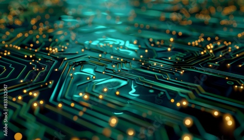 Circuit board. Green and gold electronic circuit board. Electronic background. photo