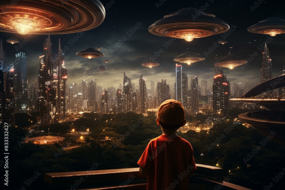 Young boy looks at a night skyline filled with flying saucers and futuristic skyscrapers Young boy looks at a night skyline filled with flying saucers and futuristic skyscrapers